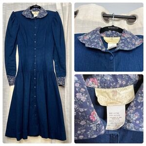 70s Vintage Gunne Sax Denim Dress Floral Puffy Sleeve Button Front Junior Size 3